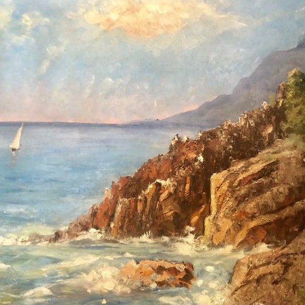 1920s French oil painting on panel. Red rocks in the French Riviera