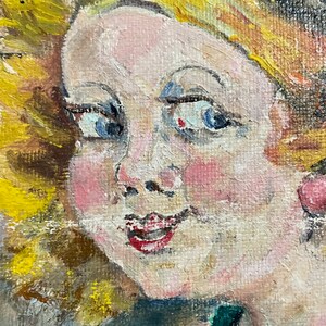 1960s French Vintage Naive Art / Kitsch Art oil painting on unstretched canvas. Young girl wearing a top hat. image 4