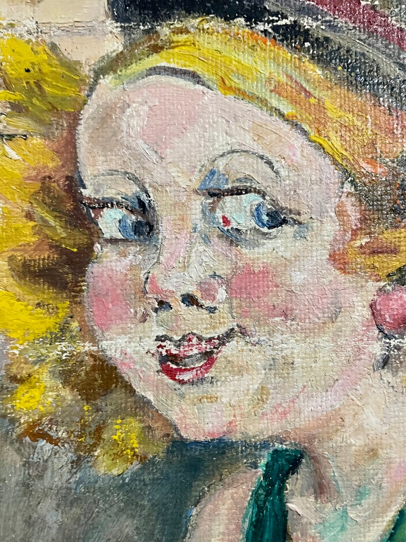 1960s French Vintage Naive Art / Kitsch Art oil painting on unstretched canvas. Young girl wearing a top hat. image 4