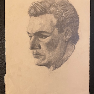 1930s French pencil graphite drawing on paper. Frenchman portrait.