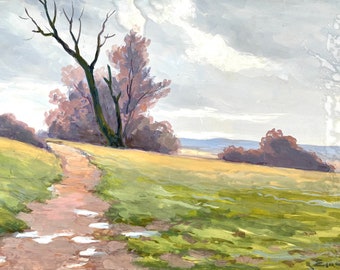 Gouache française des années 30 sur papier. Chemin dans la campagne française.