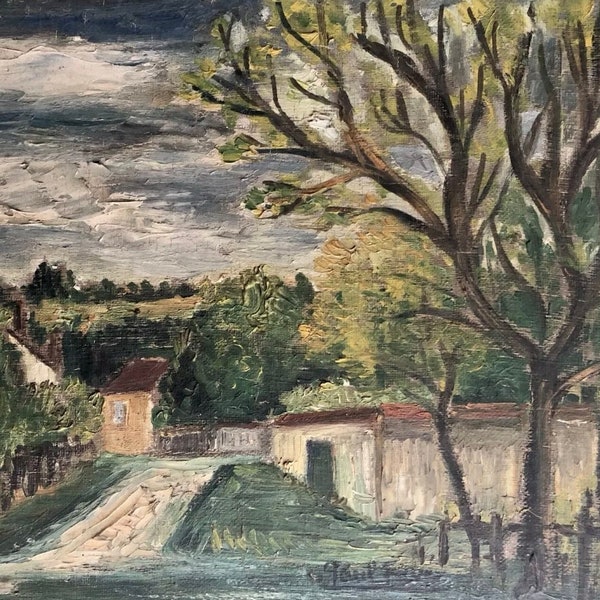 1920s French Artist Paul Fave’ (Early 1900s) oil painting on panel. Village and farmhouses in France