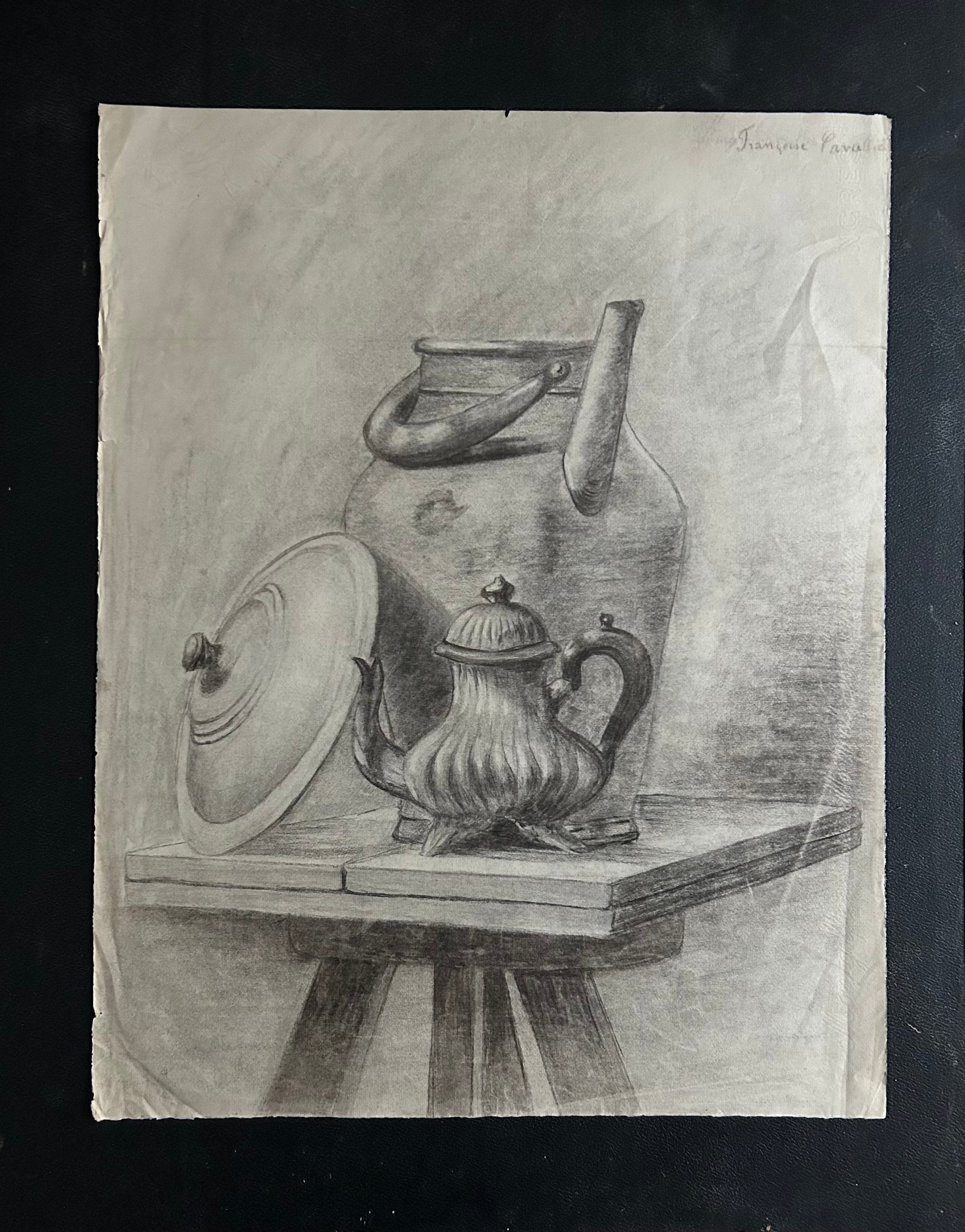 1930s French Charcoal Drawing on Paper. Still Life With Jug and