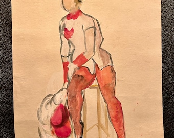 1940s French gouache painting on paper. Parisian cabaret dancer holding a feathered hat. Montmartre lifestyle. Moulin Rouge in Pigalle Paris