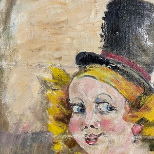 1960s French Vintage Naive Art / Kitsch Art oil painting on unstretched canvas. Young girl wearing a top hat. image 5