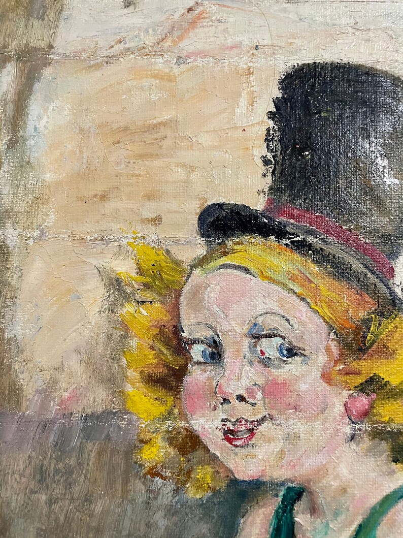 1960s French Vintage Naive Art / Kitsch Art oil painting on unstretched canvas. Young girl wearing a top hat. image 5