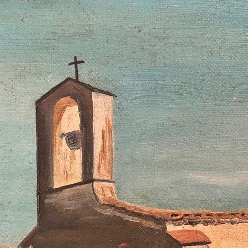 1940s French shops oil painting on canvas. Countryside Church in Provence. Southern France.