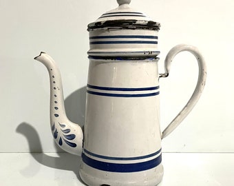 Early 1900s French Antique Enameled Coffee Pot. Blue lined white with floral pattern. Farmhouse decor kitchenware.