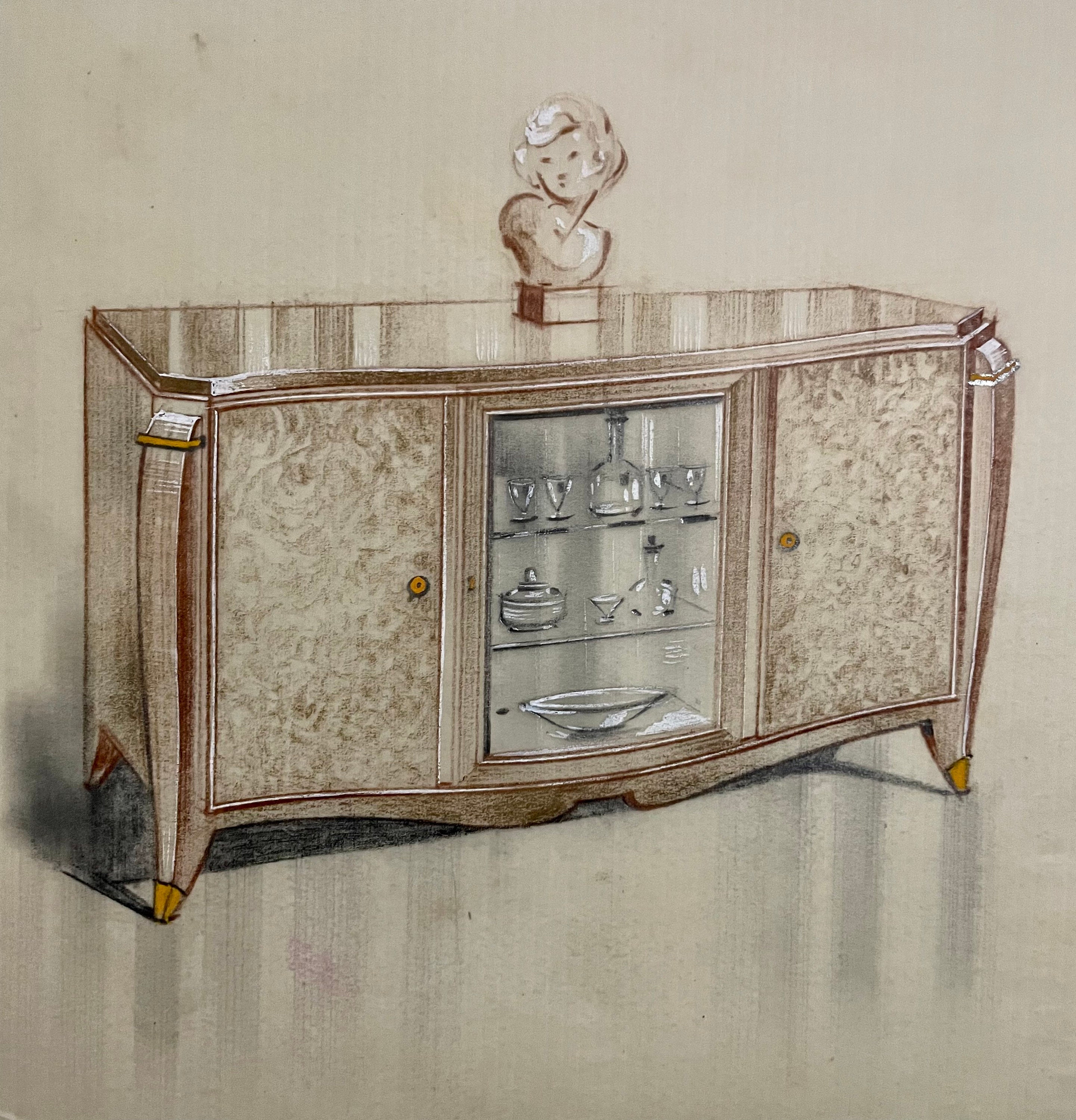 1930s French gouache architectural study on Mylar. Furniture design. Study of a sideboard. Modern furniture.