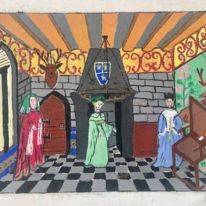 Dipinto a guazzo vintage francese degli anni '40 su carta. Personaggi del Medioevo nel castello. Illustrazione artistica di un libro di fiabe.