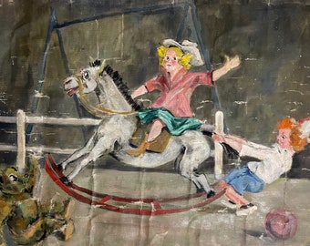 1960s French Vintage Naive Art / Kitsch Art oil painting on unstretched canvas. Children, rocking horse and Teddy Bear.