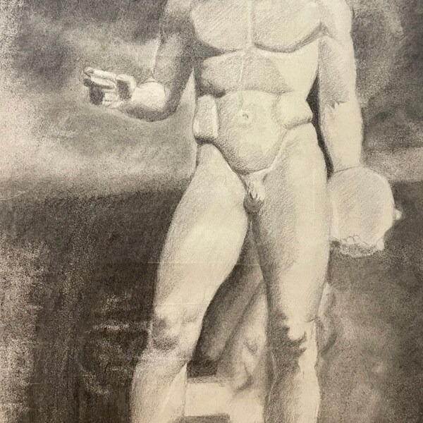 1890s French pencil Male Nude drawing on Paper. Discobolus.