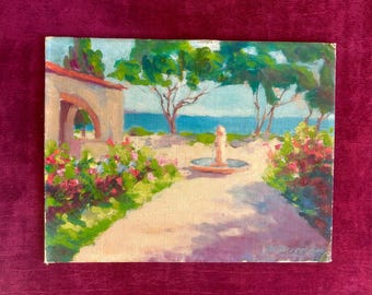 Peinture à l'huile française des années 1940 sur panneau entoilé. Paysage marin. Jardin surplombant la Côte d'Azur, près de Nice. Bord de mer.