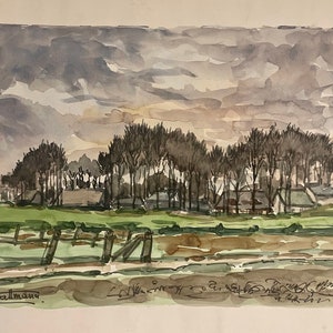 Artista francese quotato degli anni '60 Jules Kallmann (anni '900) acquerello su carta. Piccolo villaggio dietro gli alberi nel nord della Francia.