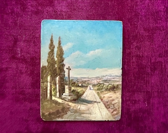 1890s French Oil Painting  – Provence Countryside Landscape with Cypresses & peasants – Antique Art on panel. Path of Allauch to Marseille