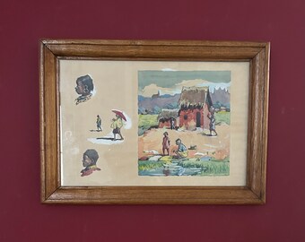 1950s French Vintage Afro Art Gouache painting on paper. Animated village with study of African peasants characters.