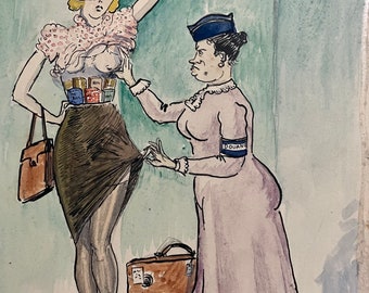 Humorvolle französische Tusche-/Gouache-Skizze aus den 1940er Jahren. Zollkontrolle.