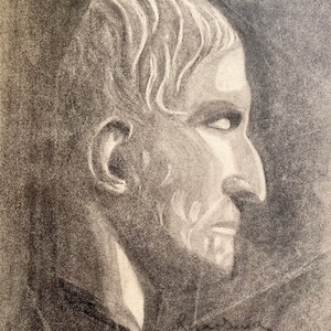 Disegno antico francese a matita su carta degli anni '20. Ritratto di un antico romano.