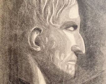 1920s French Antique pencil drawing on Paper. Portrait of ancient Roman man.