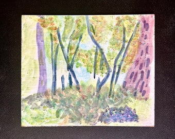 1960s French Vintage gouache painting on panel. Modern art. Landscape with woods. Expressionist art. Expressionism.