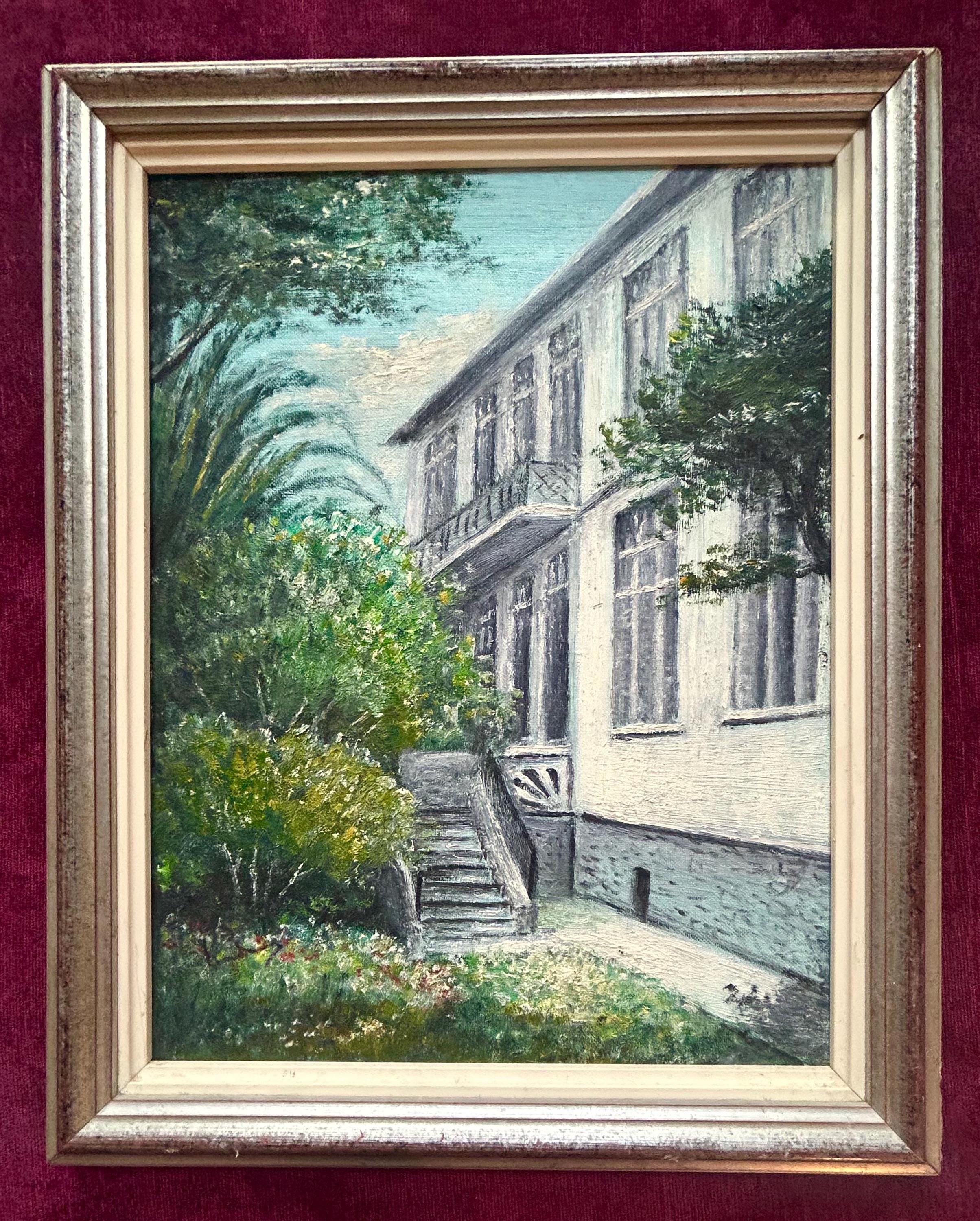 1980s French Vintage Oil Painting on Panel Mansion Provence France