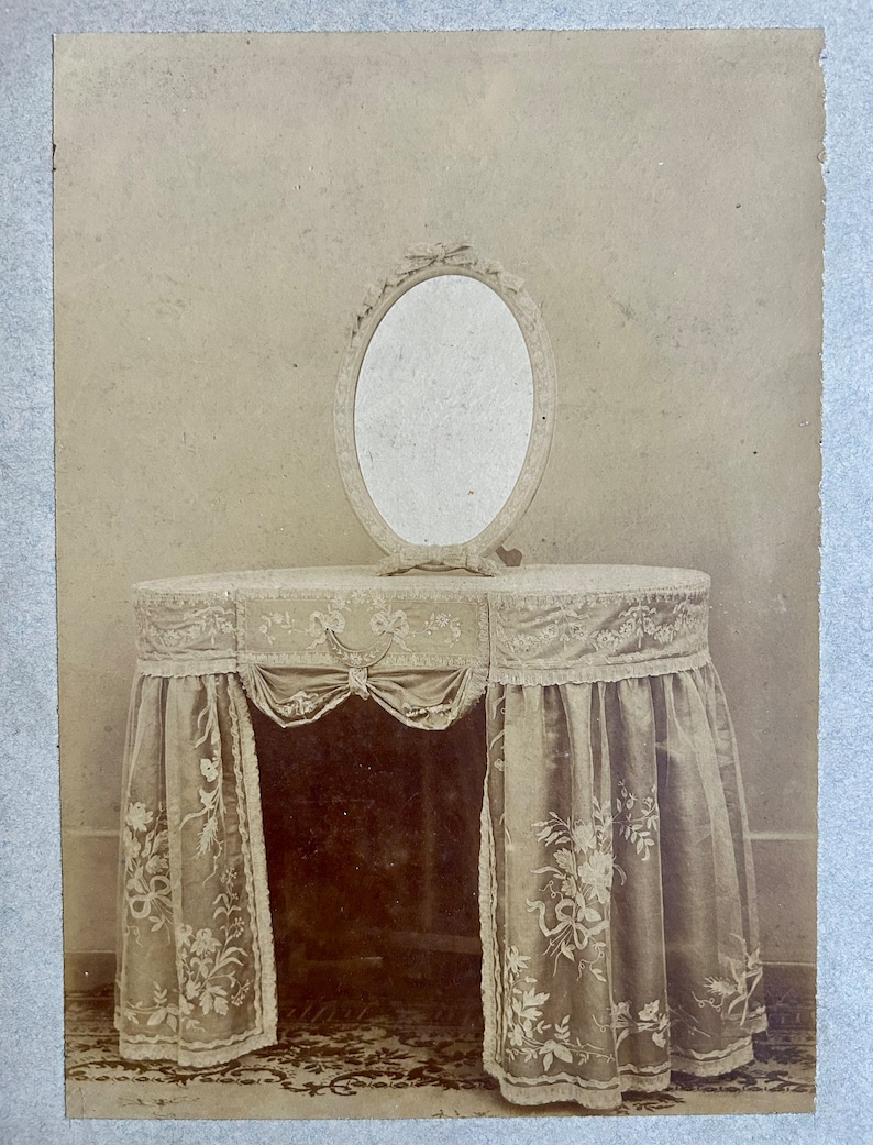 1800s French Antique photo from technical file of Furniture design / architect studio. Architectural photo. Dressing table. Mirror. image 2