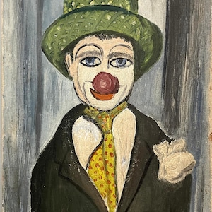 1950s French Kitsch art oil painting on canvas. Clown wearing a yellow tie.