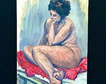 1960s French Vintage Oil painting on thick paper. Nude of Southern French woman sitting on a red sheet 60s fashion Listed Artist Jean Perret