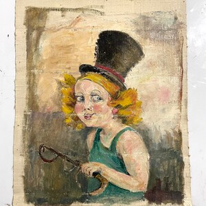 May include: A painting of a young person wearing a black top hat and a green tank top. They are holding a slingshot in their right hand and looking to the left. The background is a light brown color.