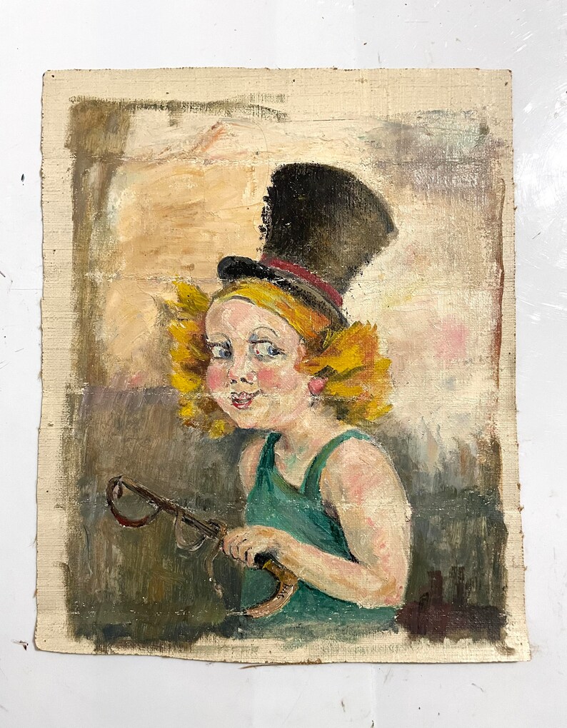May include: A painting of a young person wearing a black top hat and a green tank top. They are holding a slingshot in their right hand and looking to the left. The background is a light brown color.