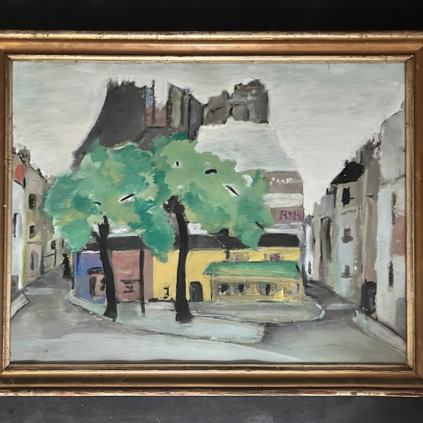 1950s Danish great listed Artist Tabita Schwenn (1887 - 1965) oil painting on Panel. Street view in Paris. Parisian Cityscape.