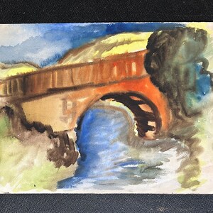 1950s French watercolor painting on paper.Bridge and river in Provence. Southern France.