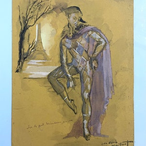 Jean-Denis Maillart (1913-2004), maestro francese degli anni '50, acquerello su carta. Arlecchino e Pont Mirabeau a Parigi di fronte alla Torre Eiffel.