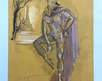 Francuski mistrz lat 50. Jean-Denis Maillart (1913-2004), akwarela na papierze. Arlequin i Pont Mirabeau w Paryżu naprzeciw Wieży Eiffla.