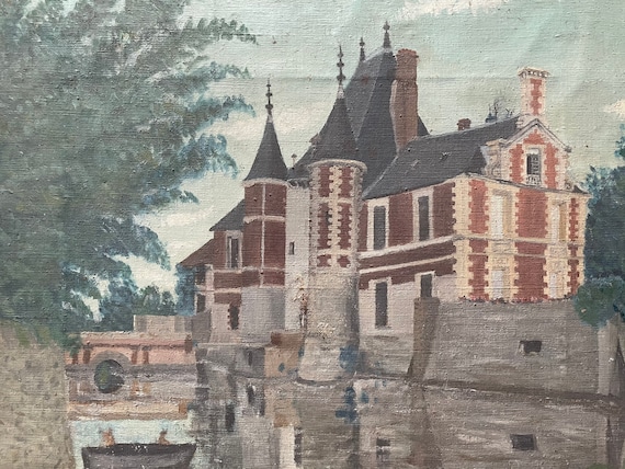 1890er Jahre Französisches Öl Gemälde auf Leinwand. Schloss in