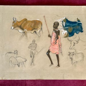 Estudio de pintura al pastel francesa de gran tamaño sobre cartón, década de 1940. Pastor masái de Kenia y sus vacas. Africano. Afro. Étnico. Etnología.