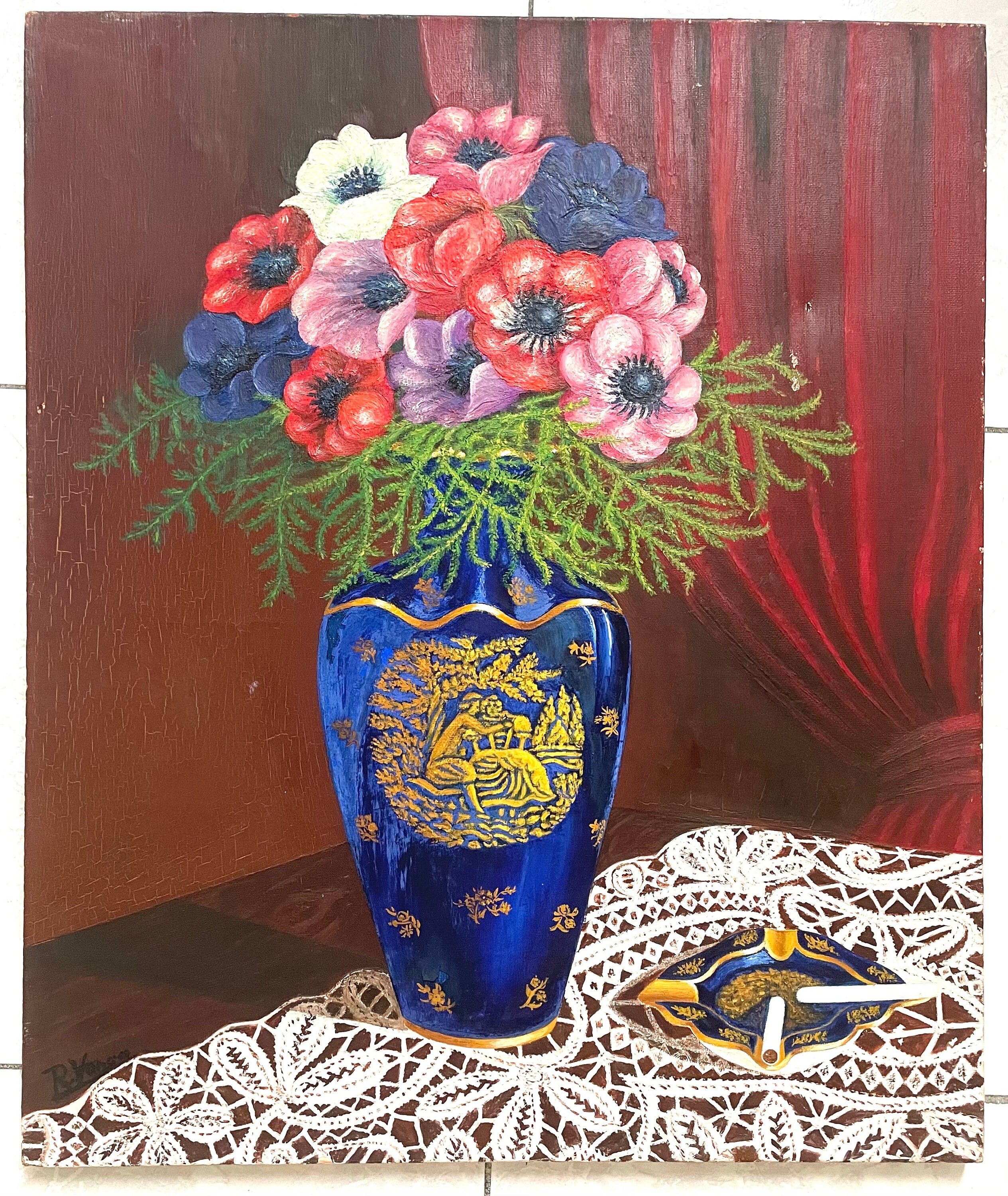 1950s French Shabby Chic Oil Painting on Canvas Etsy