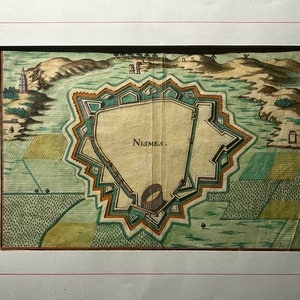 1650s French Hand Colored Engraving on paper Architecture Architectural Atlante Neroni  Atlas de Wit Map of  City of Nimes Archeology