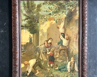 1880s French Chromolithography on panel by Charles Auguste Romain Lobbedez (1825-1882). Titled The Prowlers. Carved wood antique frame.