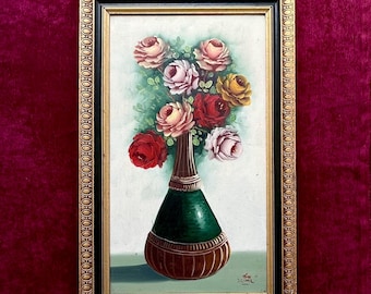 1930s French Oil Painting Roses in Green Vase Cottage Style Shabby Chic Floral Art. Flowers decor. Cottagecore wall decor Red Pink  Rose