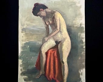 1960s French Vintage Oil painting on thick paper. Nude of Southern French woman posing in the artist’s studio 60s fashion Modernism