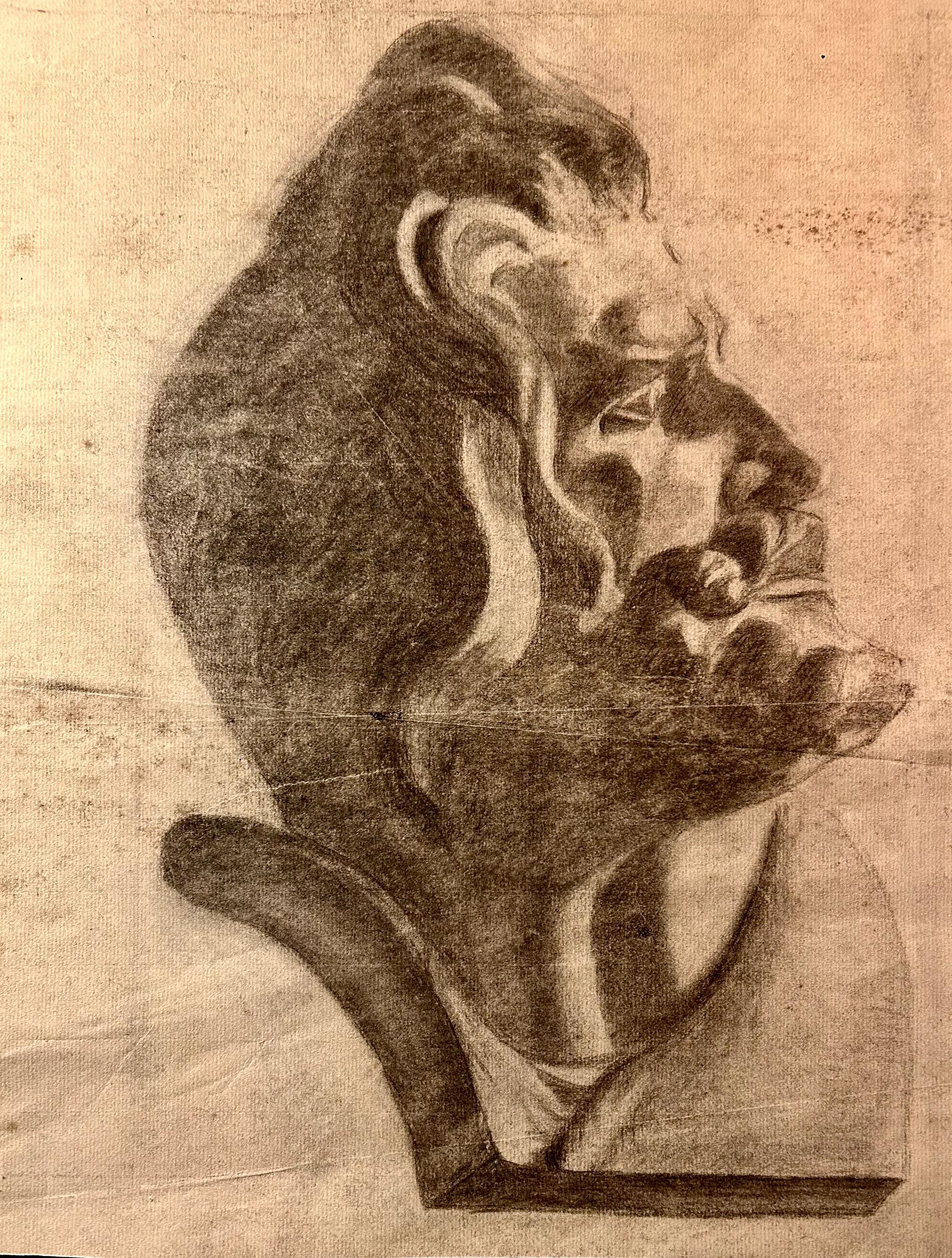 1890s French Antique charcoal drawing on Paper. Portrait of a bearded man. Academic art.