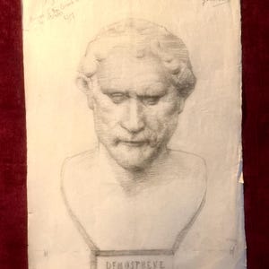 Disegno antico francese a carboncino su carta degli anni '10. Ritratto di Demostene. Statua greca. Busto. Torso. Scuola accademica. Neoclassico