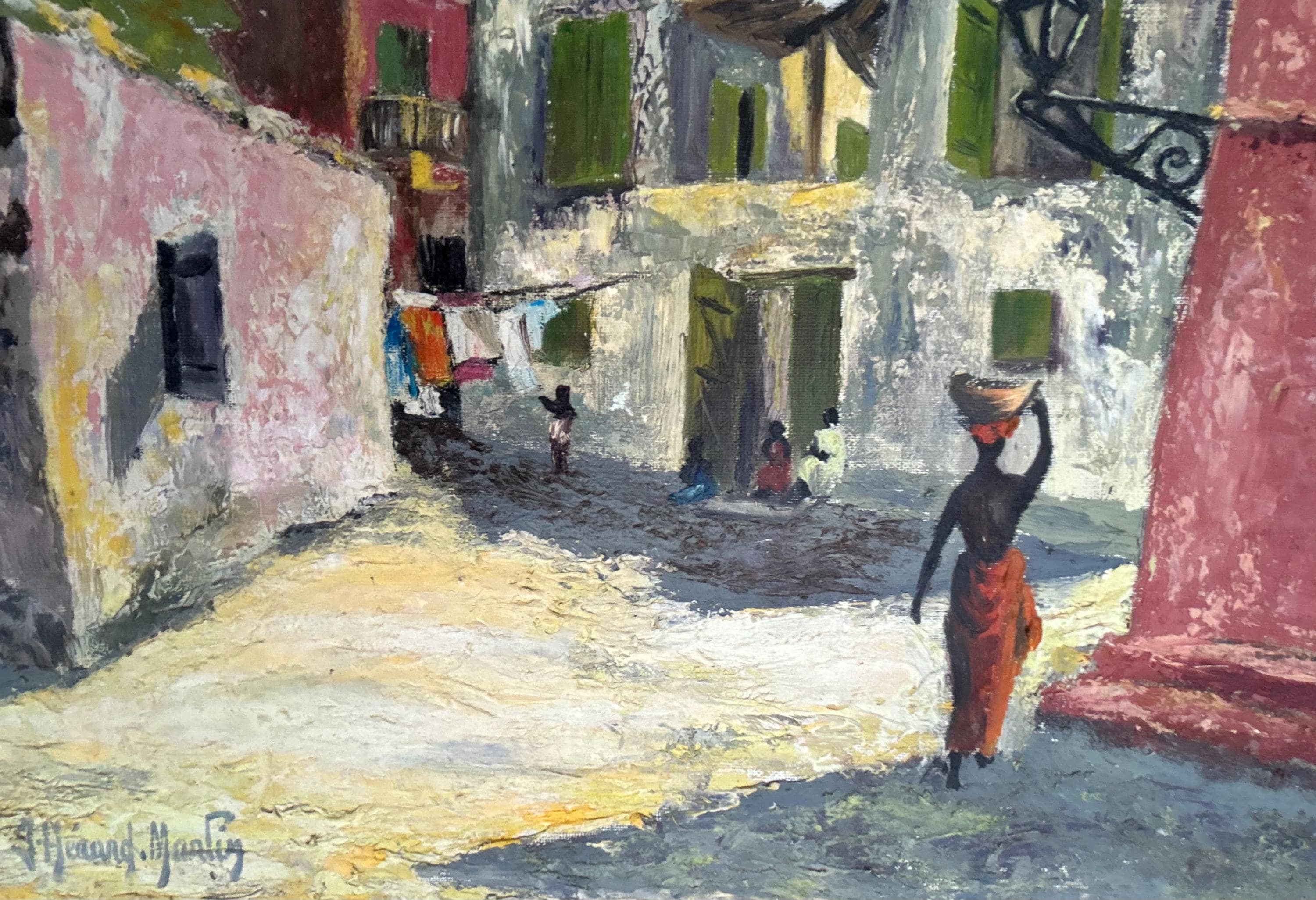 1950 年代のフランスの油絵、西アフリカの村の風景、J Herard Martin