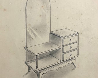 1930s French Architectural pencil on paper study of furniture. Vintage antique furniture. Vanity table with mirror. Modern decor.