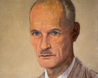 1940s French Vintage oil painting on wood. Portrait of Frenchman wearing a grey tie.