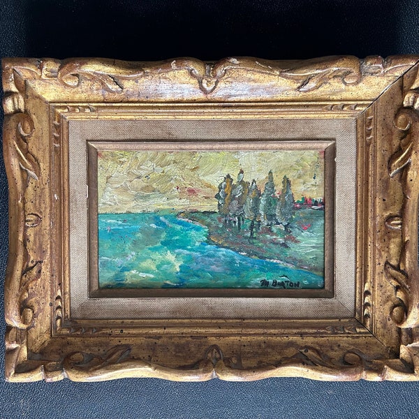 1930s French oil painting on panel. Postimpressionism Landscape. Sunrise with River, cypresses in Southern France.