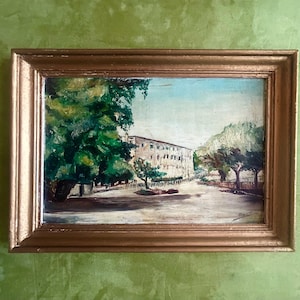 1930s Italian oil painting on wood. Building and courtyard in Northern Italy. Landscape. Architecture Architectural. Impressionism.