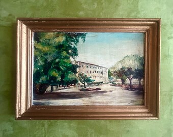 1930s Italian oil painting on wood. Building and courtyard in Northern Italy. Landscape. Architecture Architectural. Impressionism.