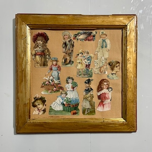 1930s French collage on wallpaper. Decorative Arts. Shabby chic style.